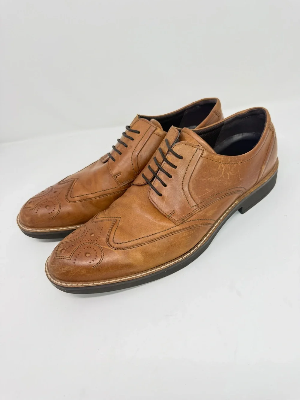 ECCO Derby Oxfords Brown Leather Wingtip Brogue Detail Dress Shoes Men's Size 45
